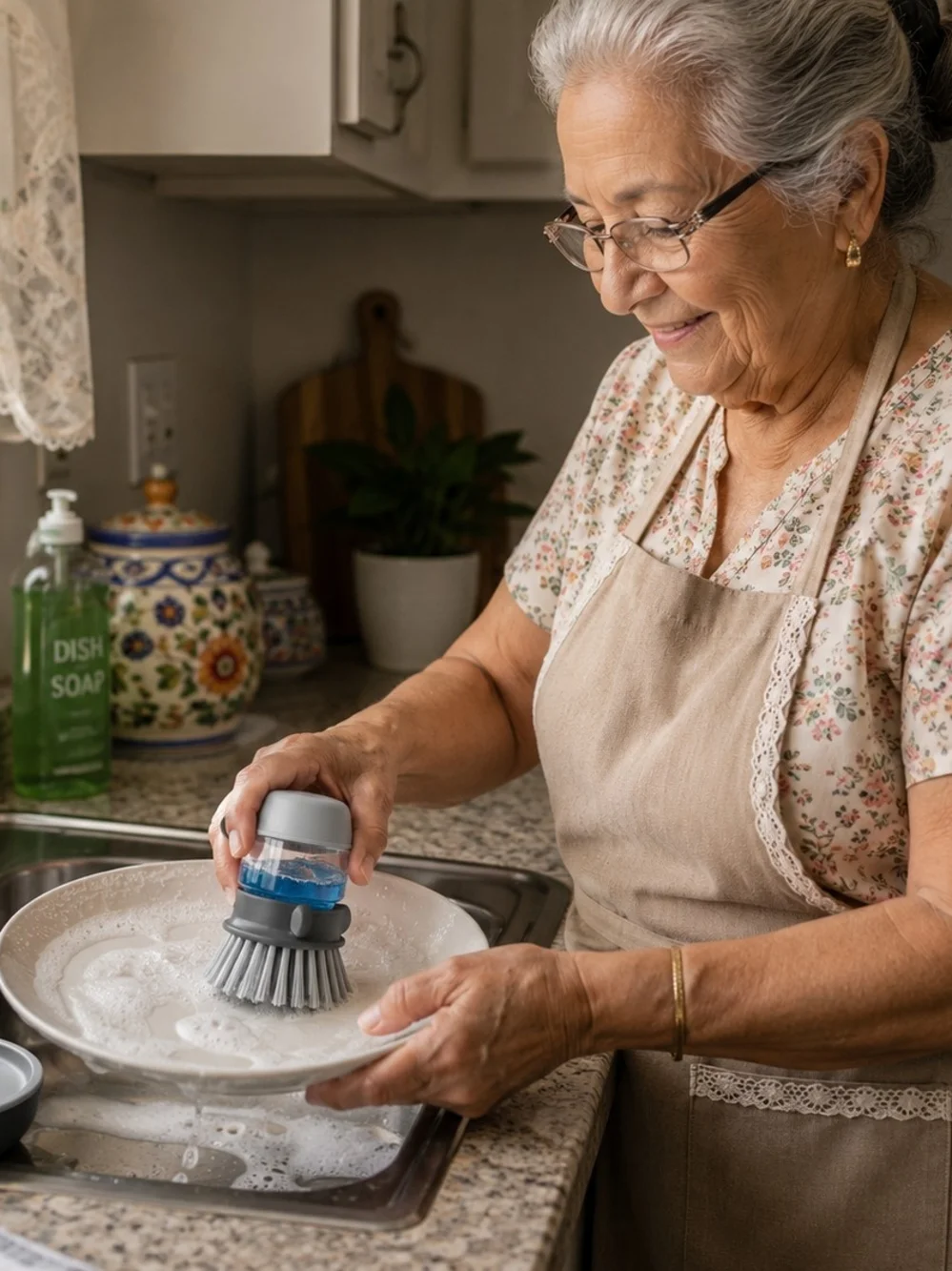 Gray Dish Scrub Brush with Detergent Dispenser - Brand: